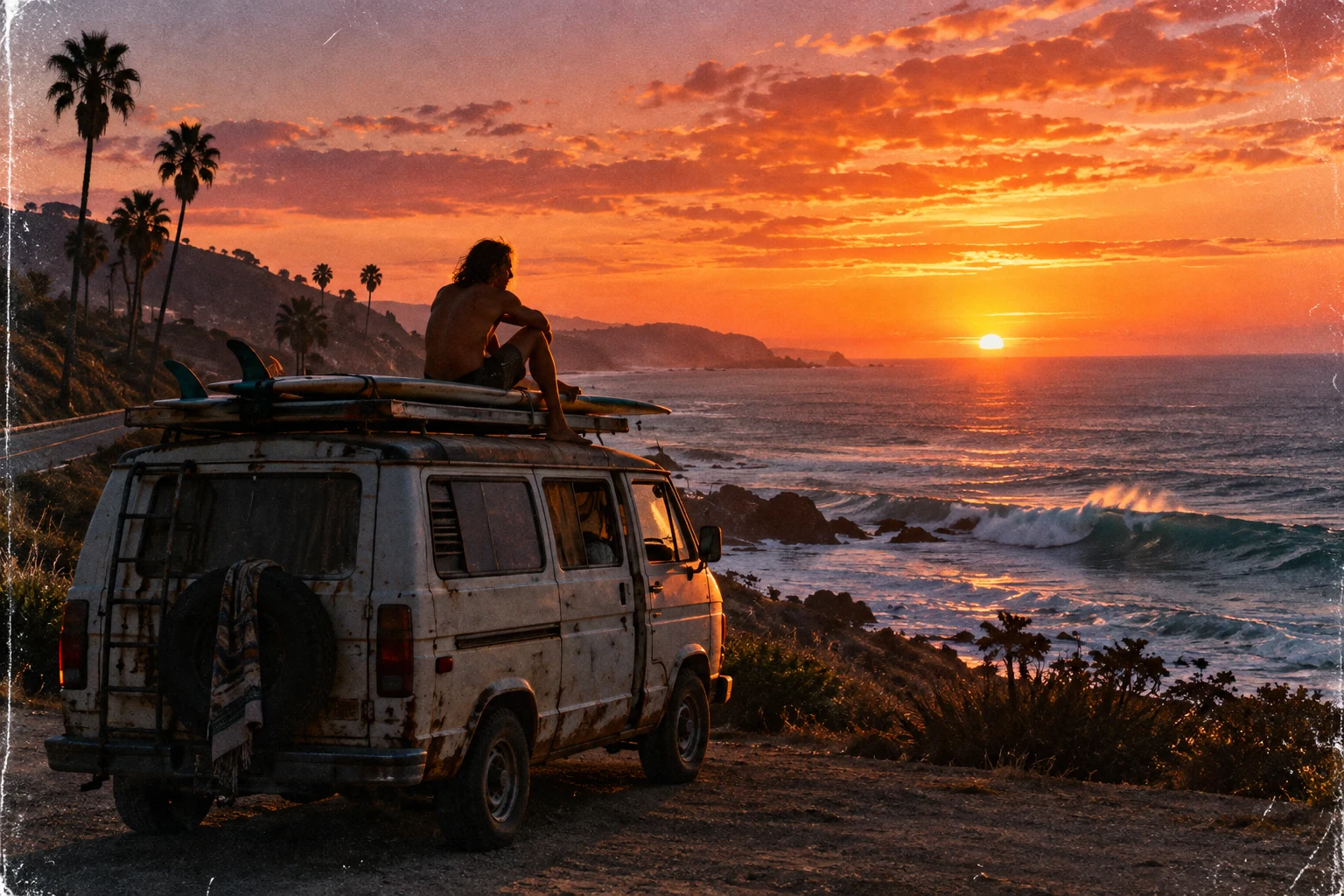 Surf, van et océan au coucher du soleil