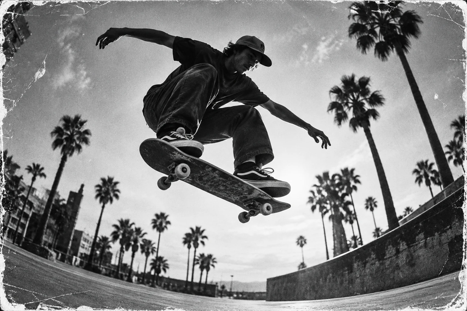 Skateur en plein ollie, photographié au fisheye