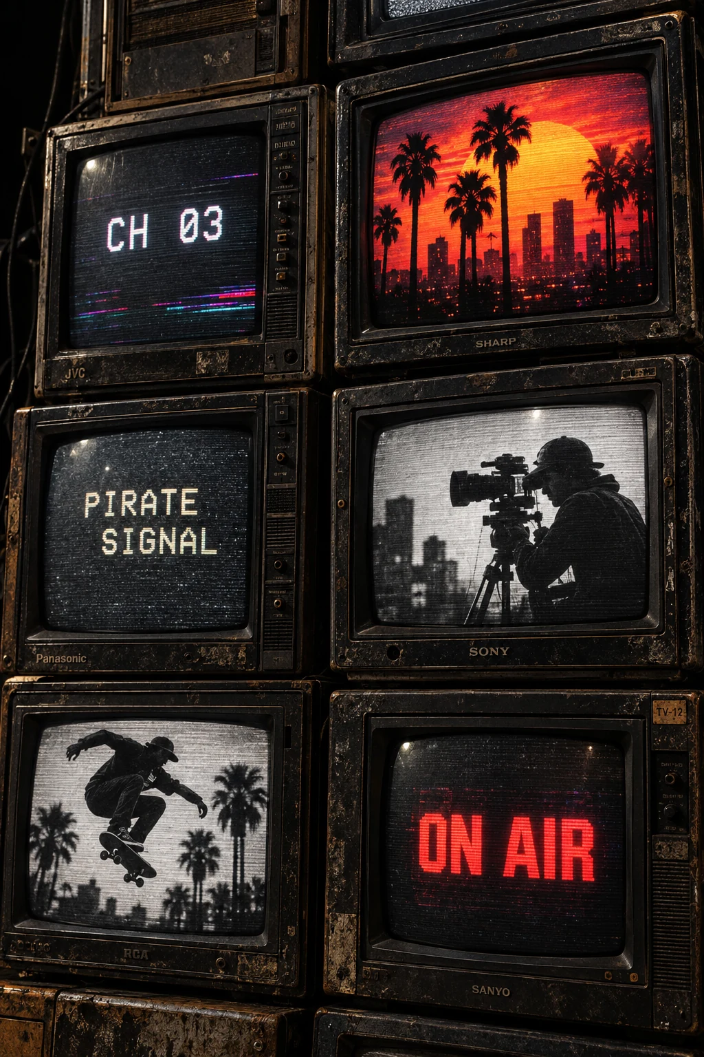 Mur de télévisions cathodiques usées diffusant les fréquences Sunward