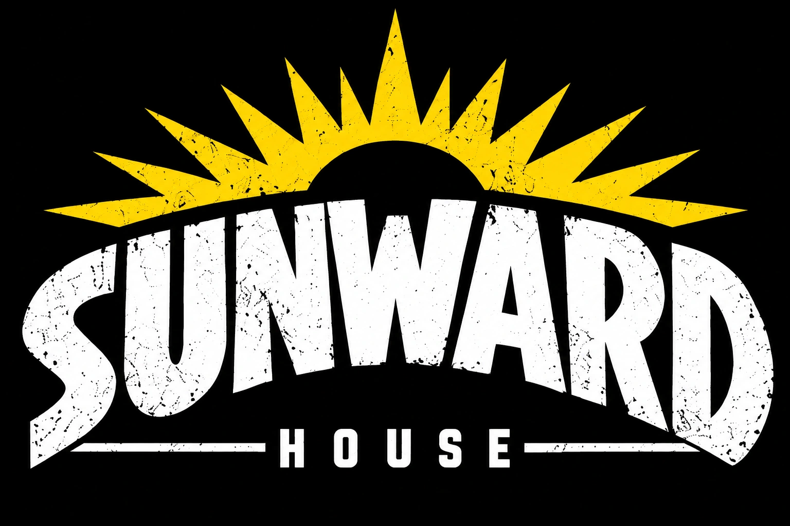 Sunward House, soleil jaune et logo blanc usé